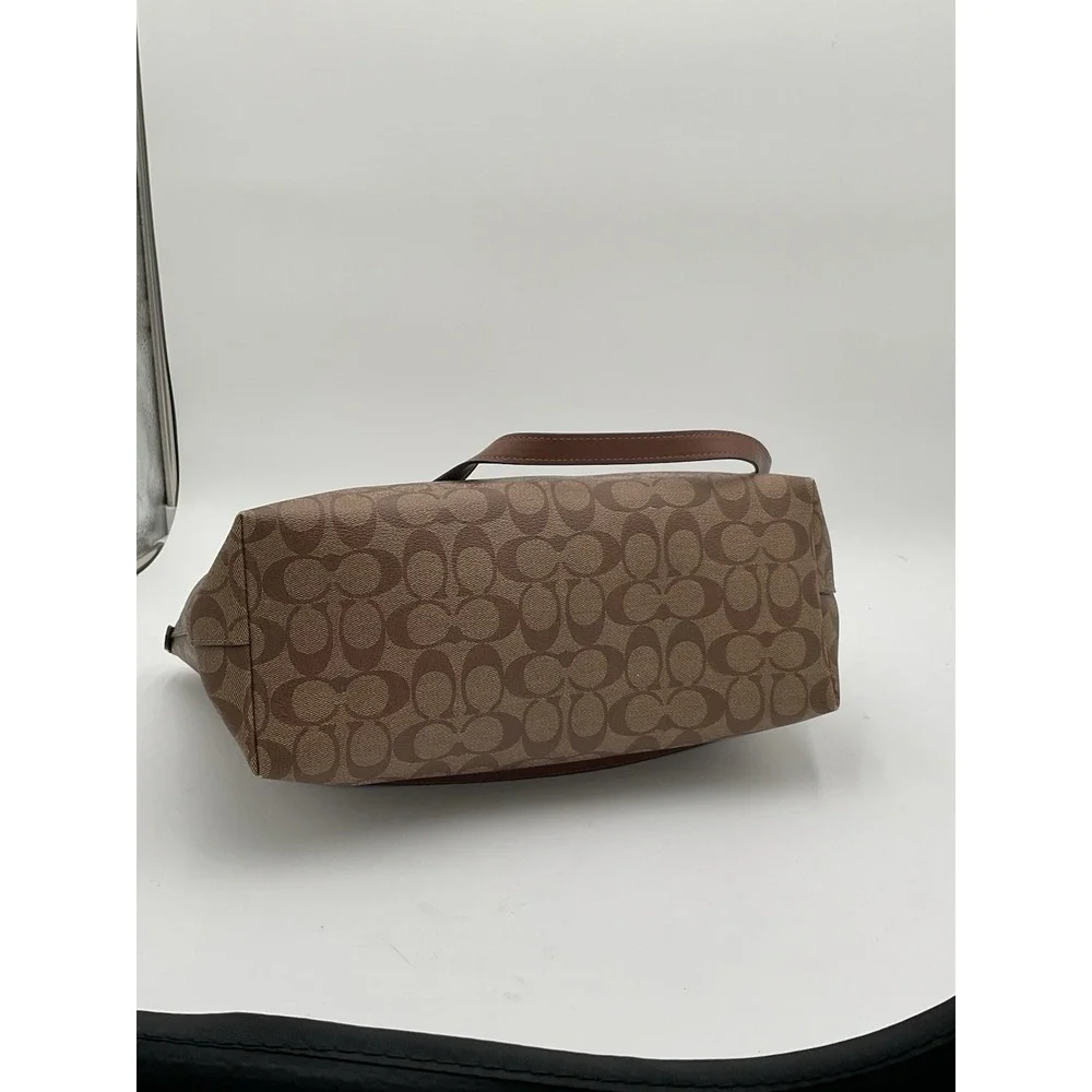 Coach Signature Zip Top Tote Bag Brown Khaki Canvas Leather Shoulder Purse